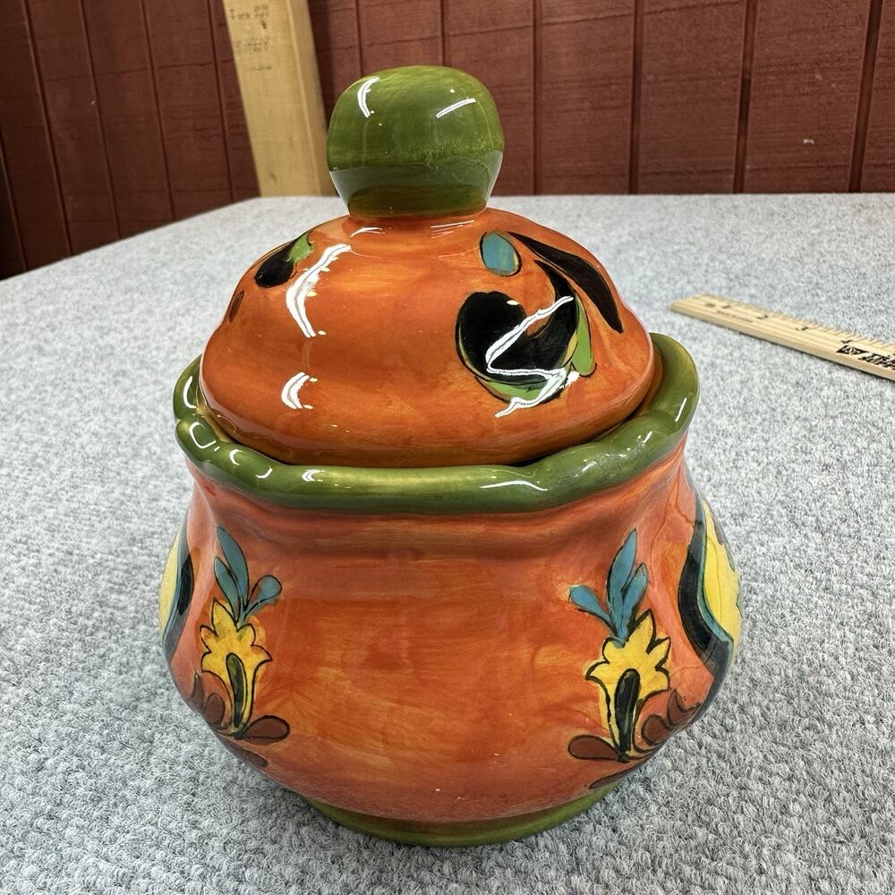 Talavera Ceramic Lidded Canister Hand Painted Orange Green Floral Pottery Jar - Picture 8 of 10